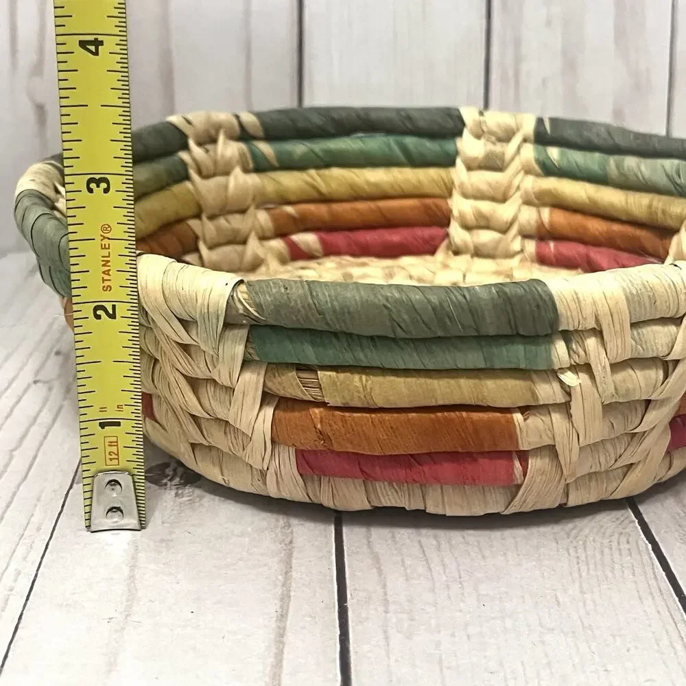 Vintage Handwoven Boho Colorful Straw Corn Husk Basket Rustic Farmhouse Decor